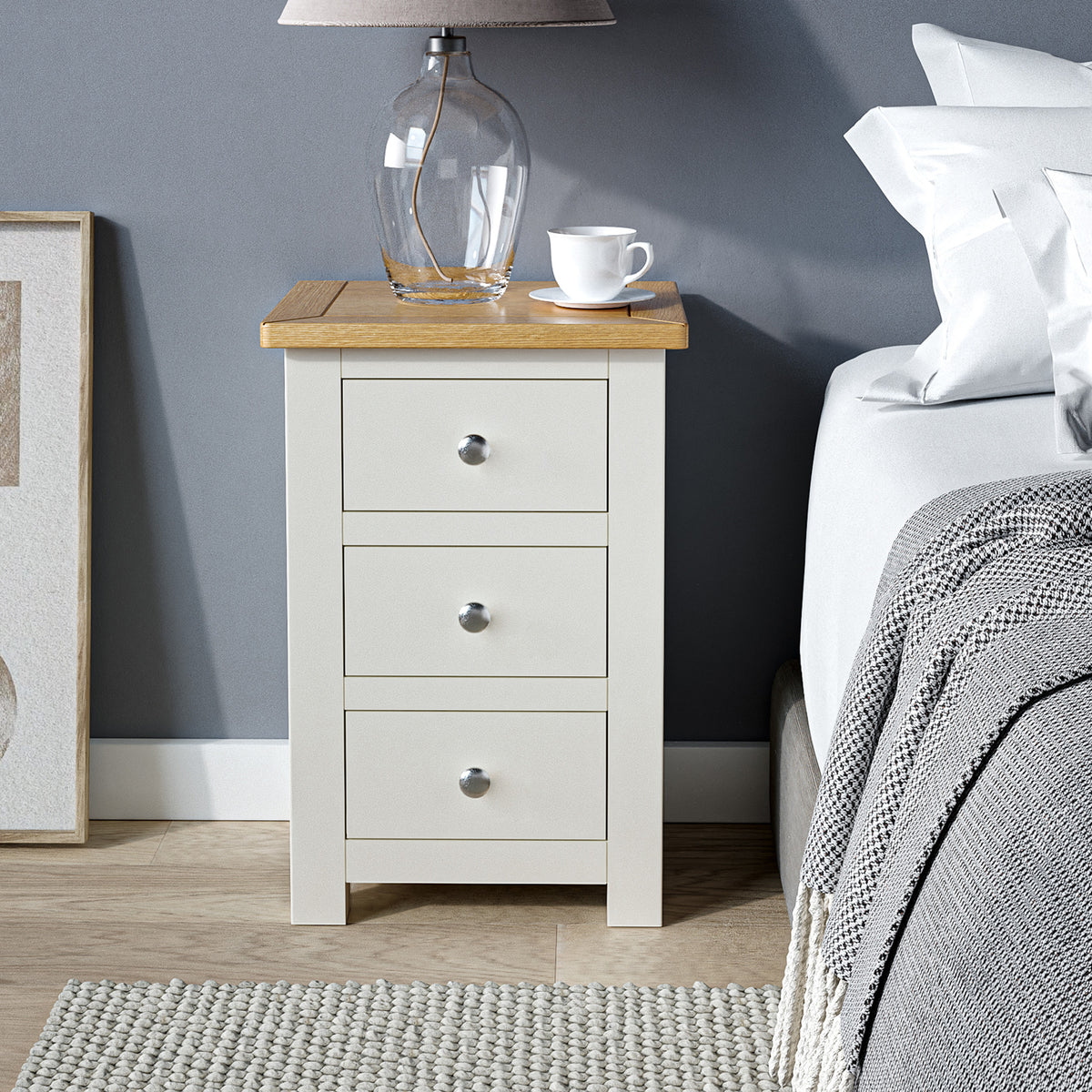 Duchy Line Cream 3 Drawer Bedside Table with Oak Top for bedroom