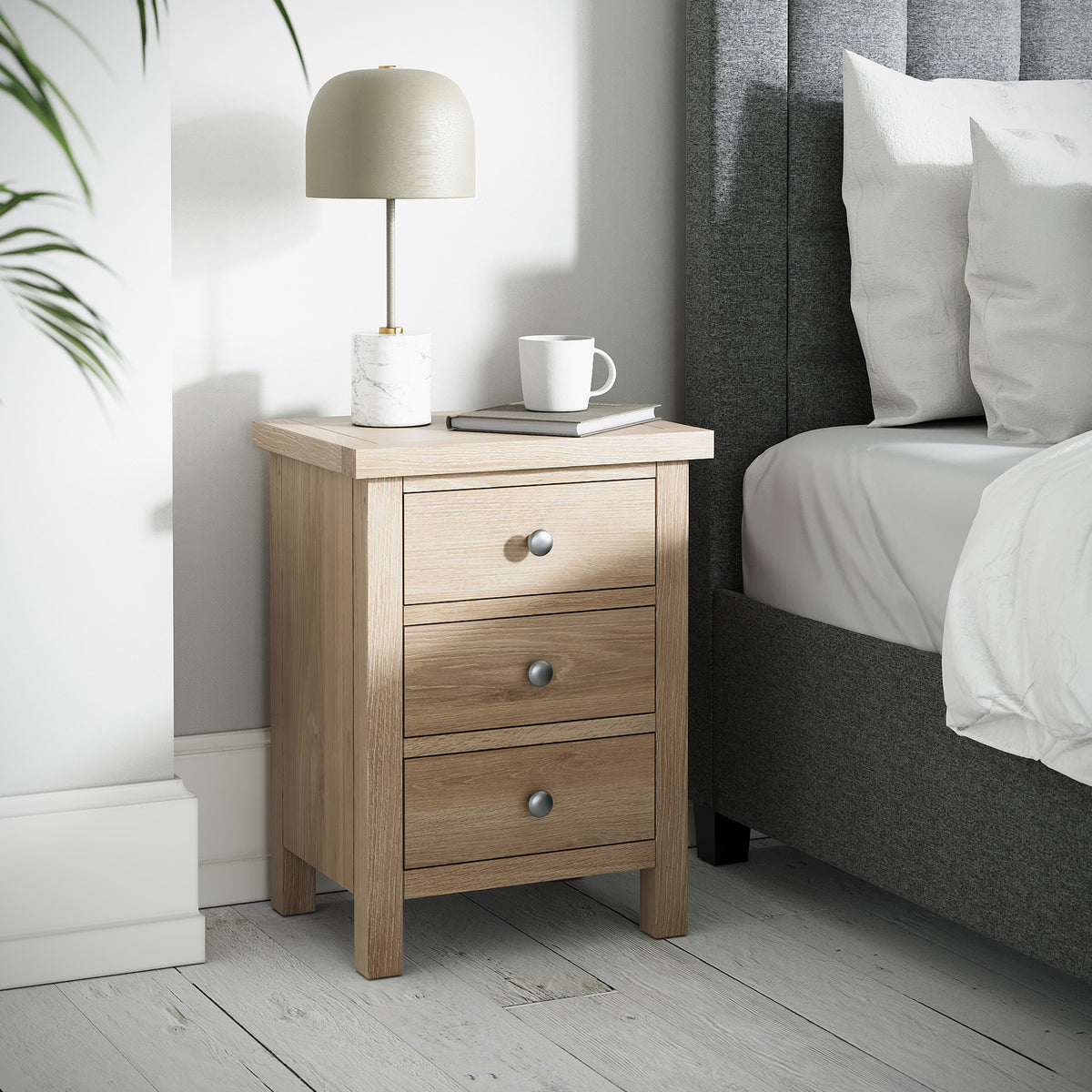 Farrow Oak 3 Drawer Bedside Table from Roseland Furniture