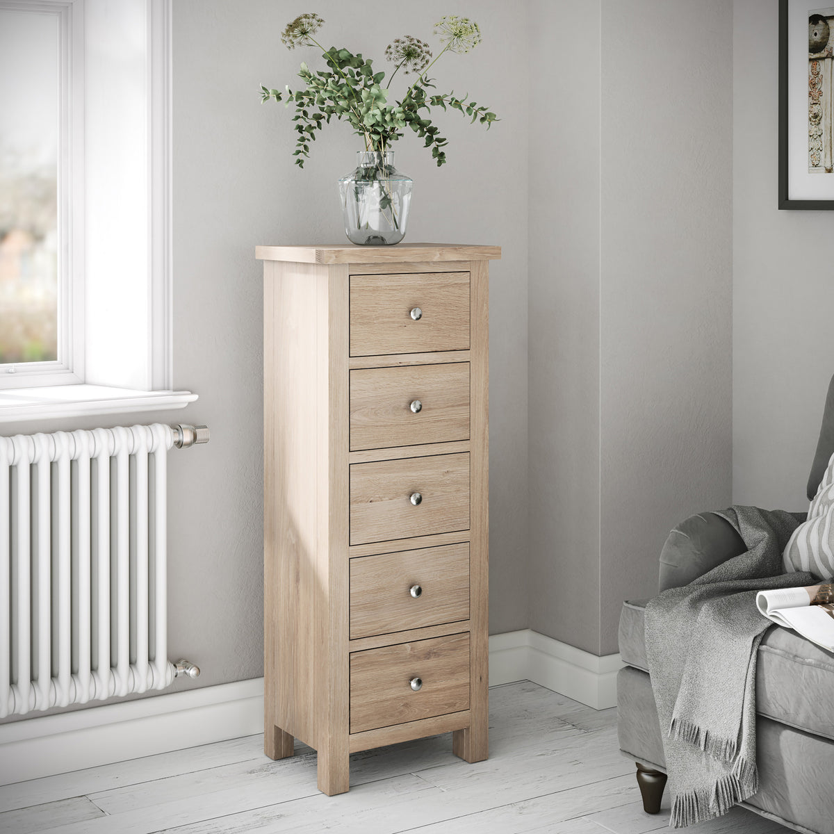 Farrow Oak 5 Drawer Tallboy Chest of Drawers from Roseland Furniture