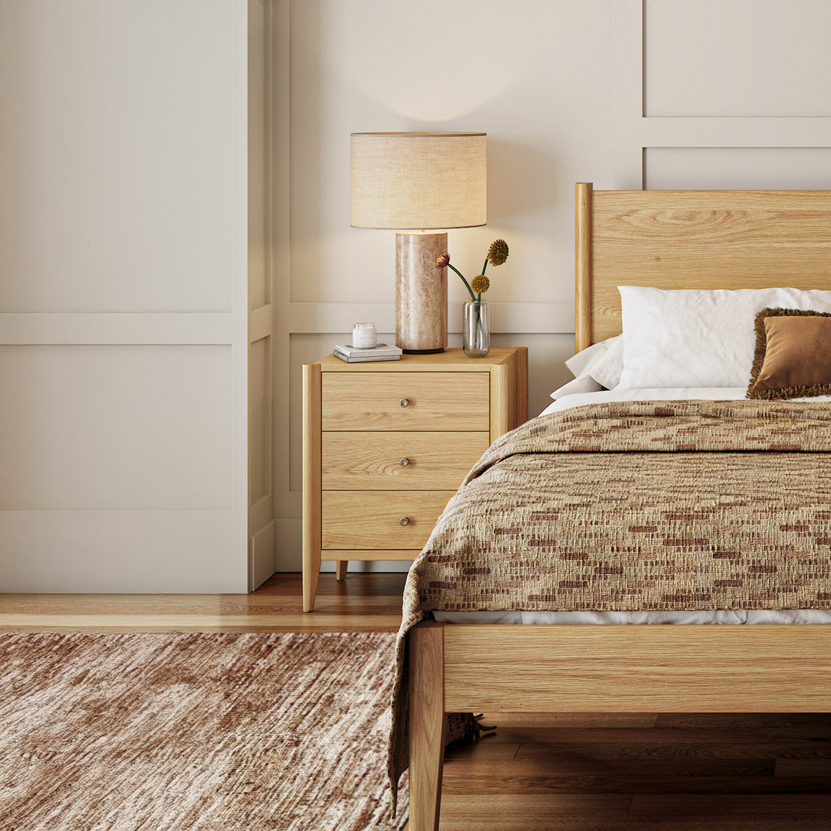 Cavell Oak Natural 3 Drawer Bedside Table Lifestyle