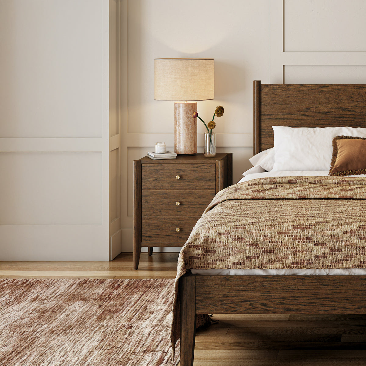Cavell Oak Brown 3 Drawer Bedside Table Lifestyle