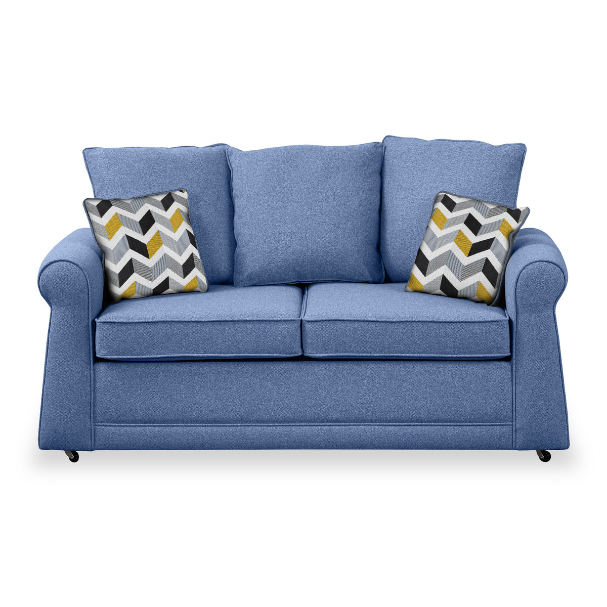 Broughton Denim Faux Linen 2 Seater Sofabed with Mustard Scatter Cushions from Roseland Furniture
