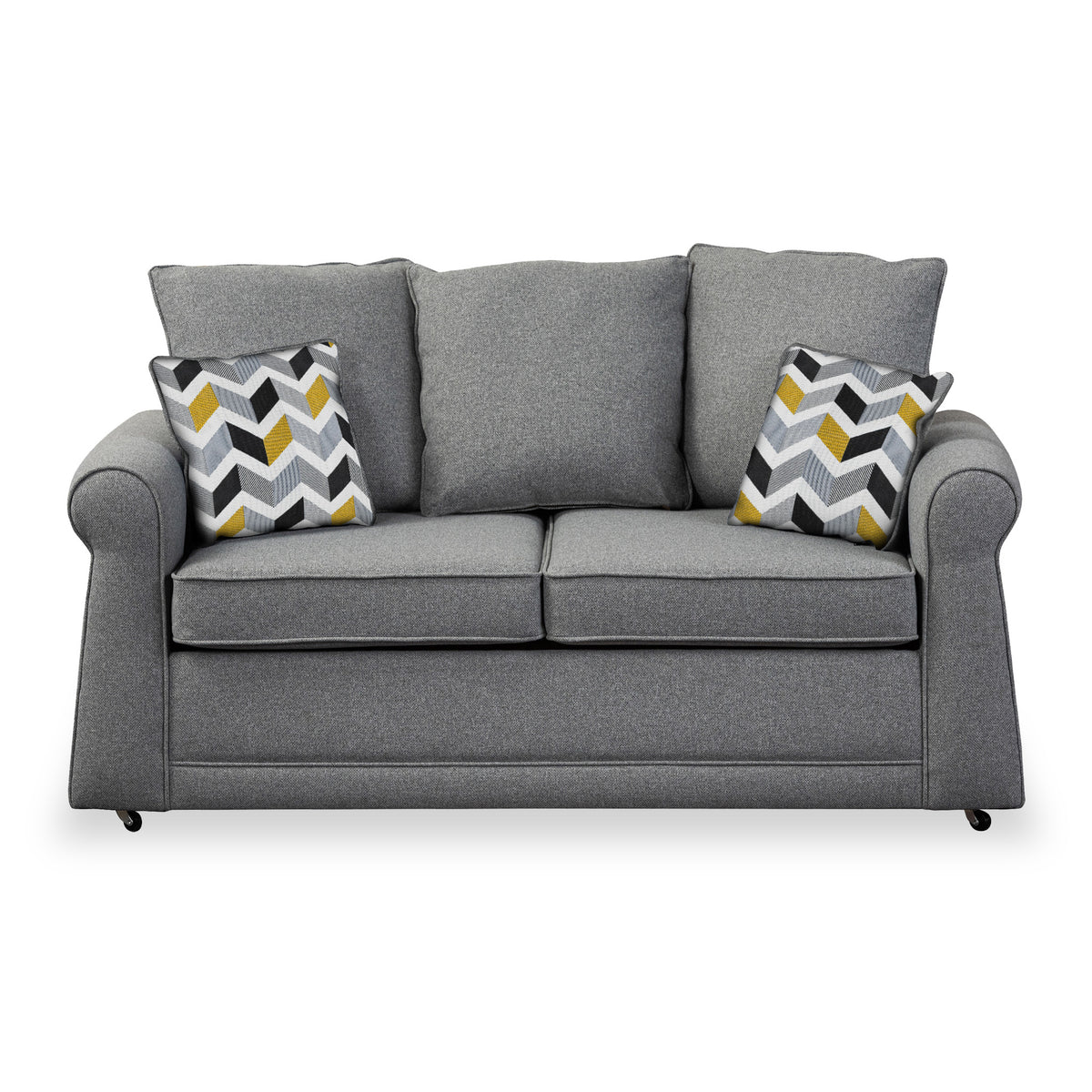 Broughton Silver Faux Linen 2 Seater Sofabed with Mustard Scatter Cushions from Roseland Furniture