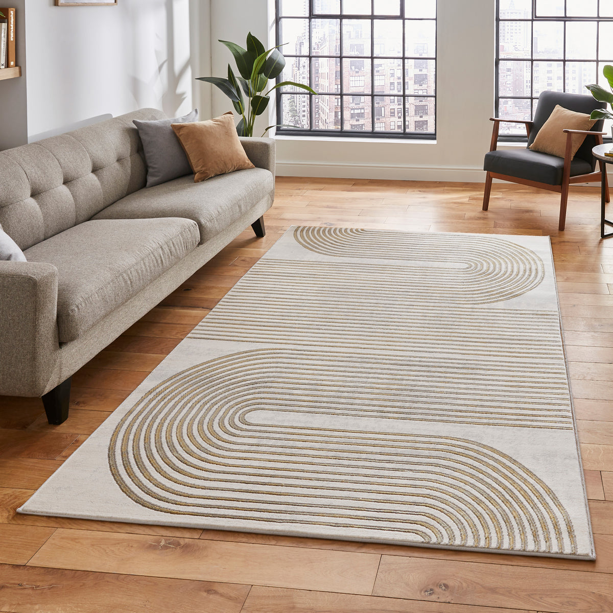 Aldrin Grey Gold Swirl Patterned Rug for living room
