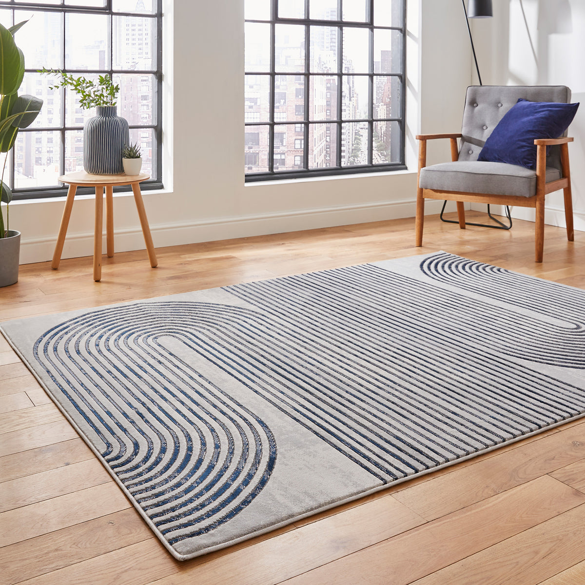 Aldrin Grey Navy Swirl Patterned Rug for bedroom