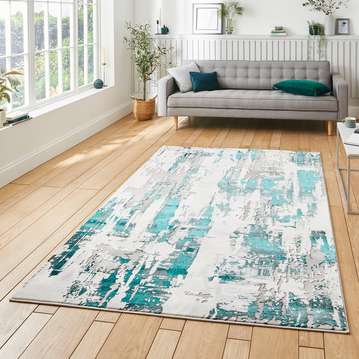Aldrin Grey Green Distressed Patterned Rug for living room