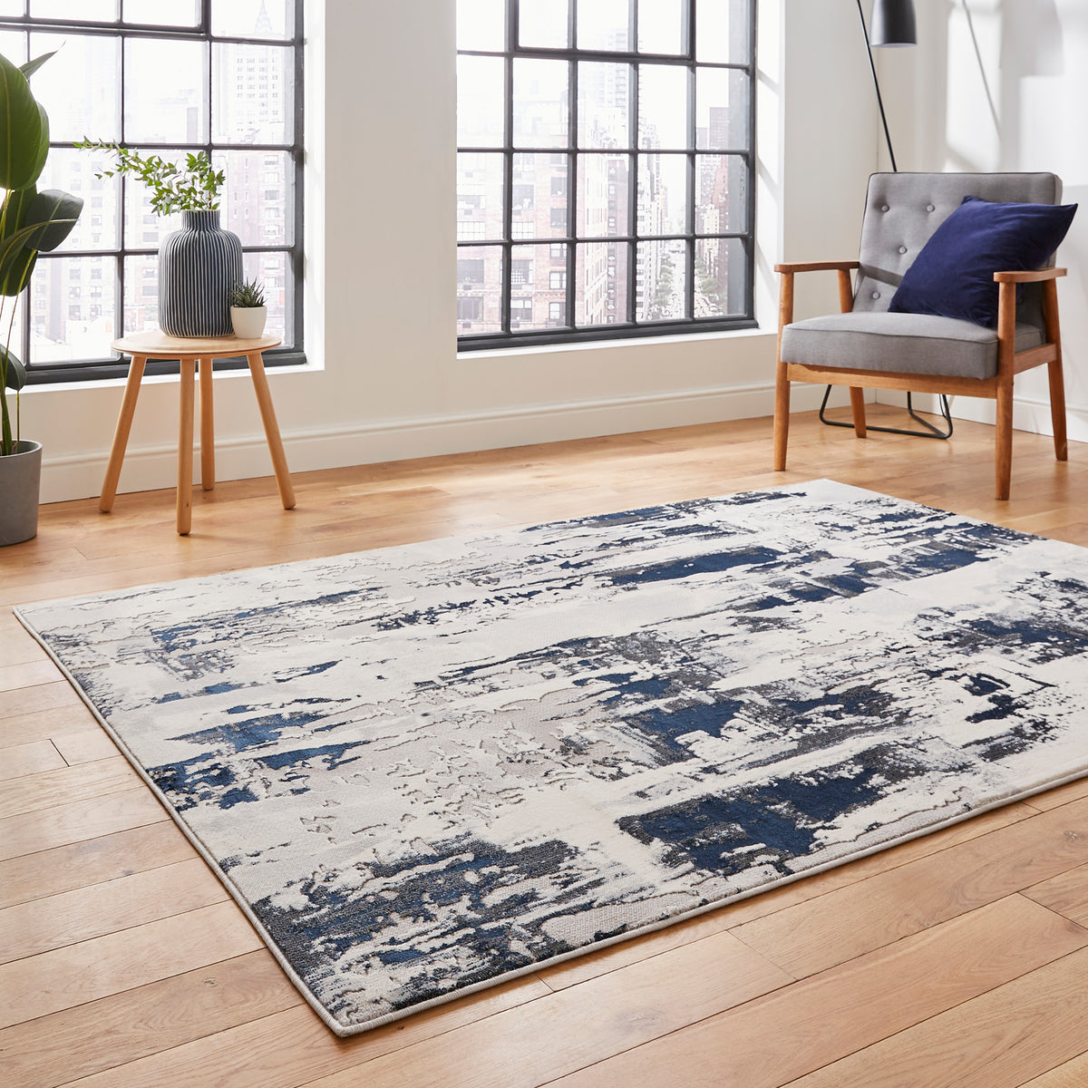 Aldrin Grey Navy Distressed Patterned Rug for bedroom