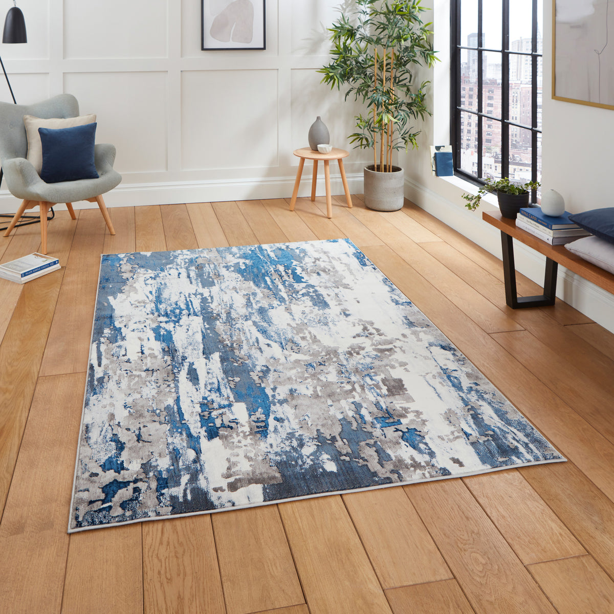 Aldrin Navy Distressed Metallic Effect Rug for living room