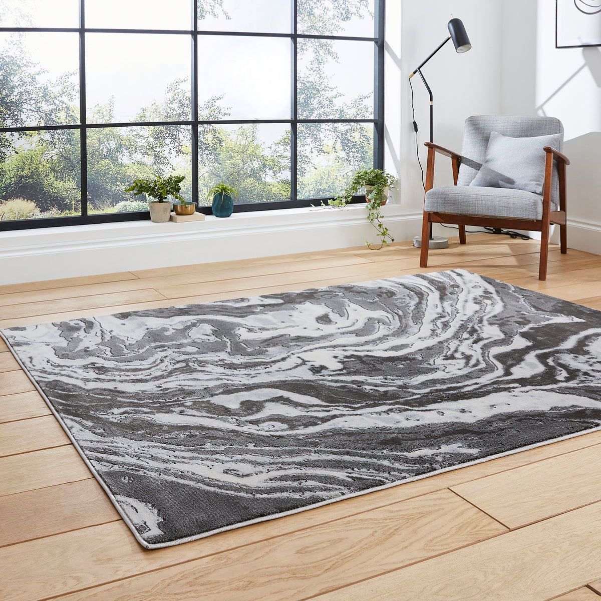 Aldrin Grey Marble Swirl Rug for bedroom