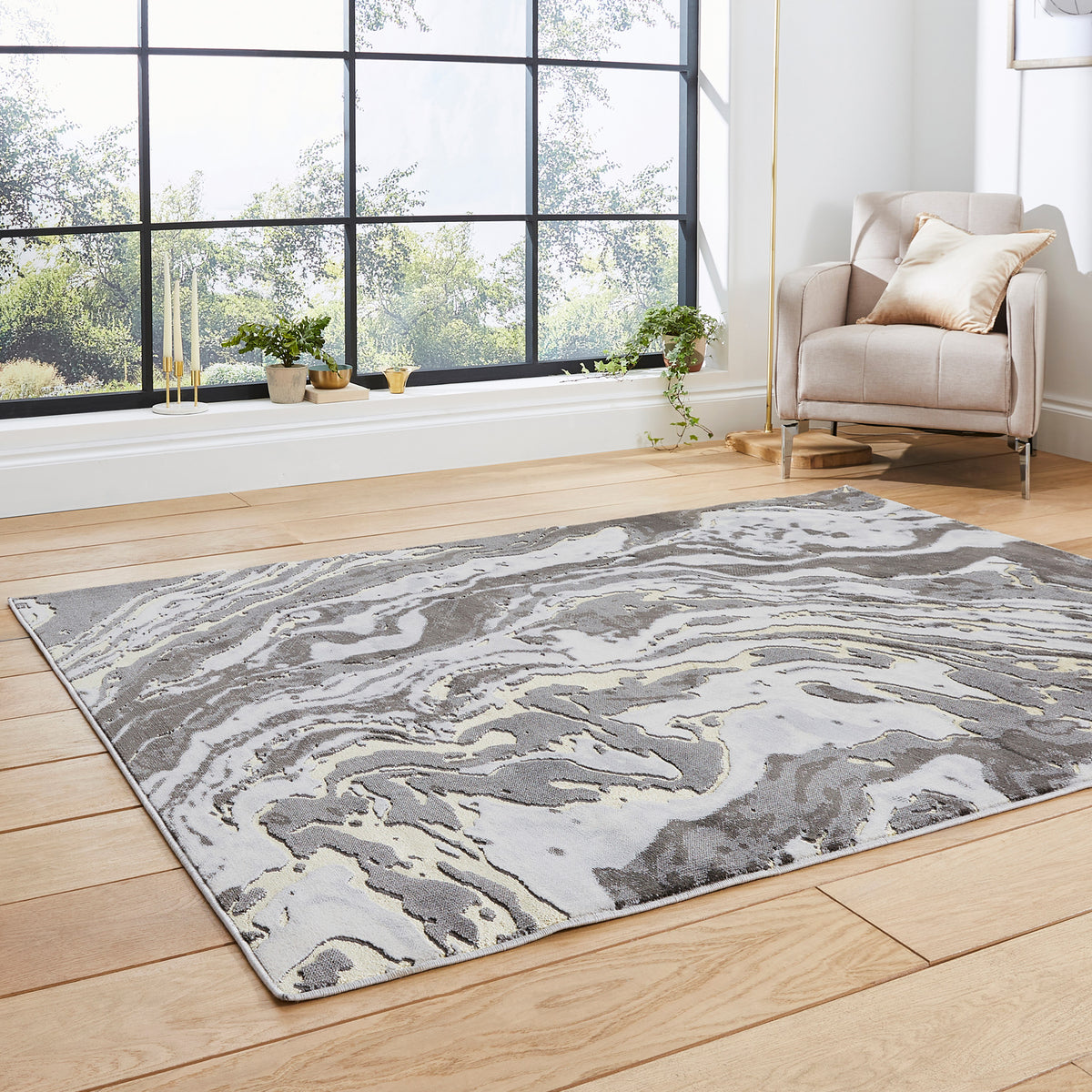 Aldrin Grey gold Marble Swirl Rug for bedroom