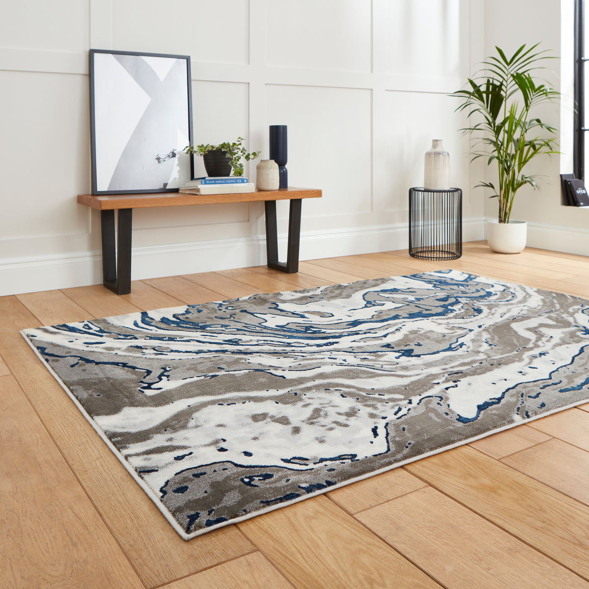 Aldrin Grey Navy Marble Swirl Rug for bedroom