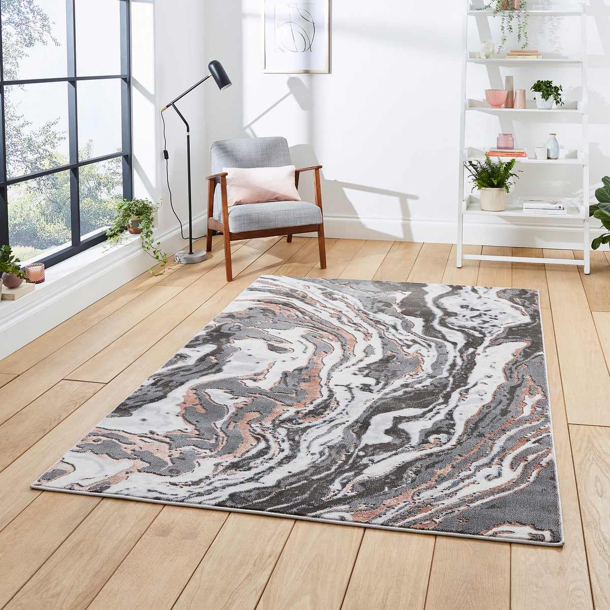 Aldrin Grey Rose Marble Swirl Rug for living room