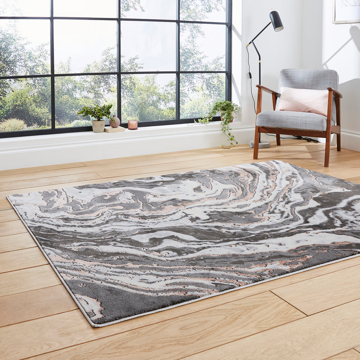 Aldrin Grey Rose Marble Swirl Rug for bedroom