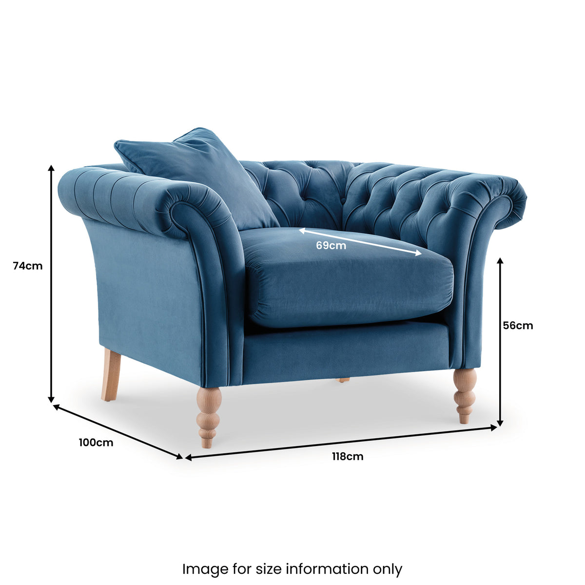 Balmoral Sky Blue Velvet Chesterfield Armchair dimension
