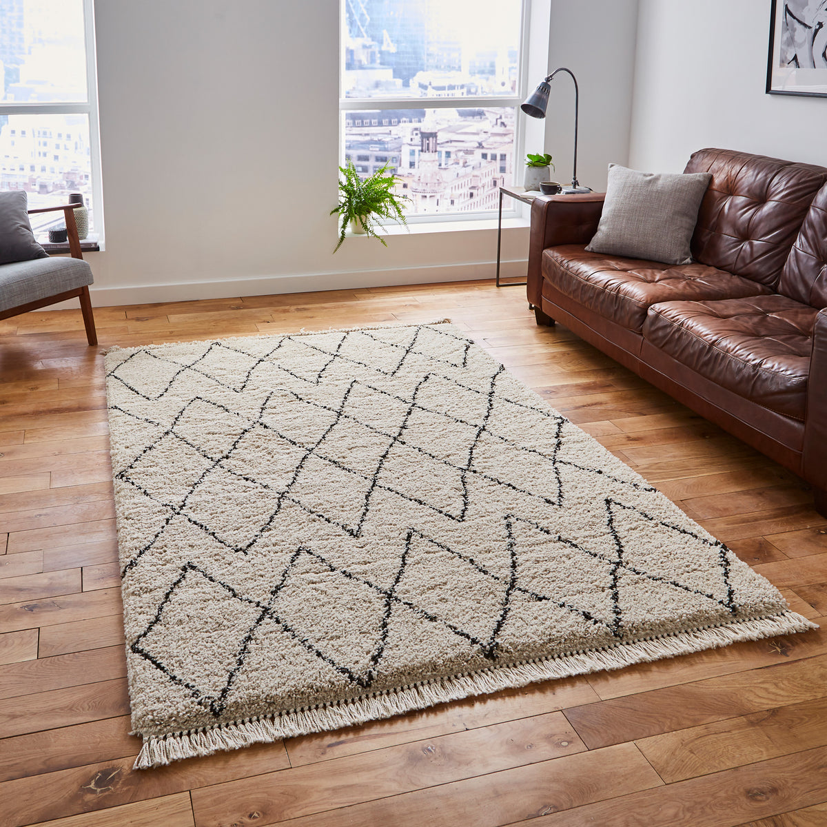 Edie Boho Beige Diamond Shaggy Rug for living room or bedroom