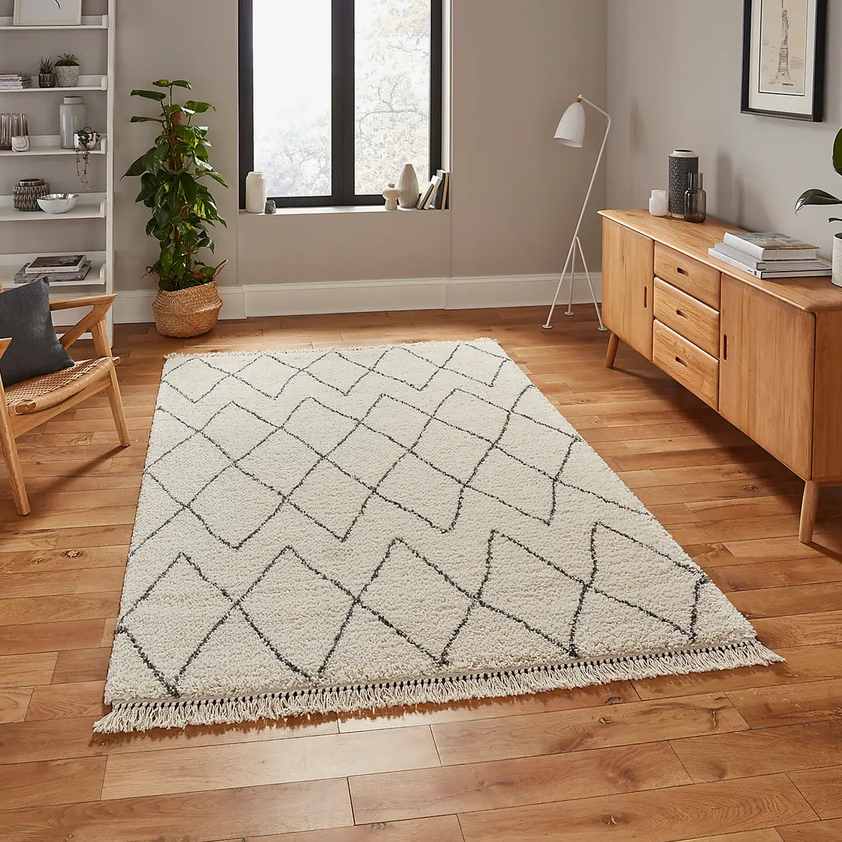 Edie Boho Cream Diamond Shaggy Rug for living room or bedroom
