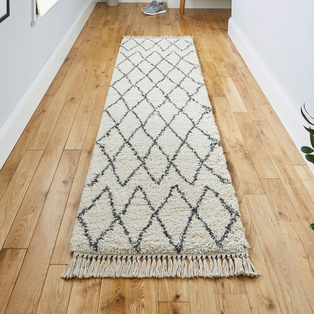 Edie Boho Cream Diamond Shaggy Runner Rug for hallway