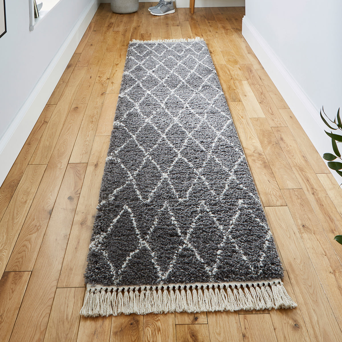 Edie Boho Grey Diamond Shaggy Runner Rug for hallway