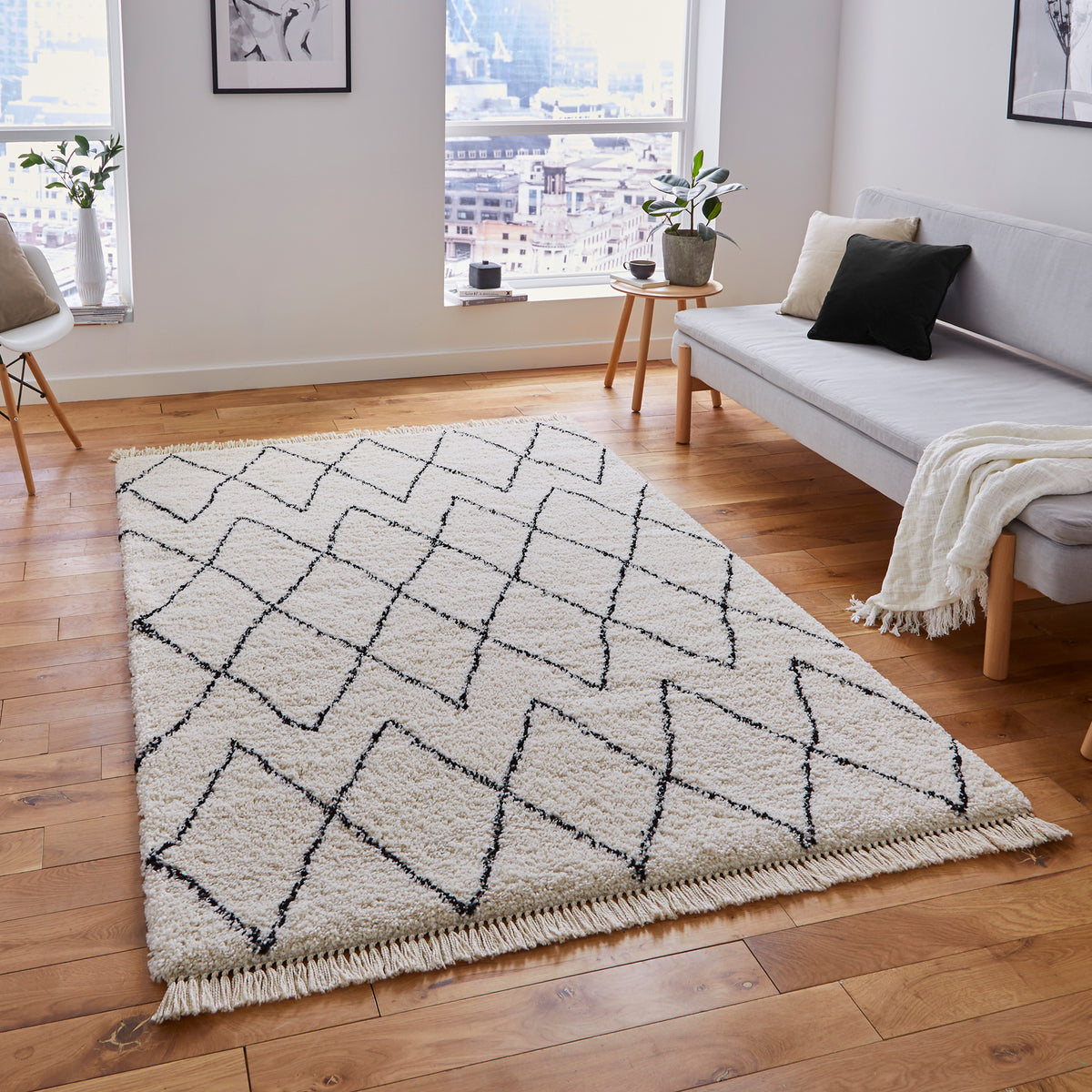 Edie Boho White Diamond Shaggy Rug for living room or bedroom