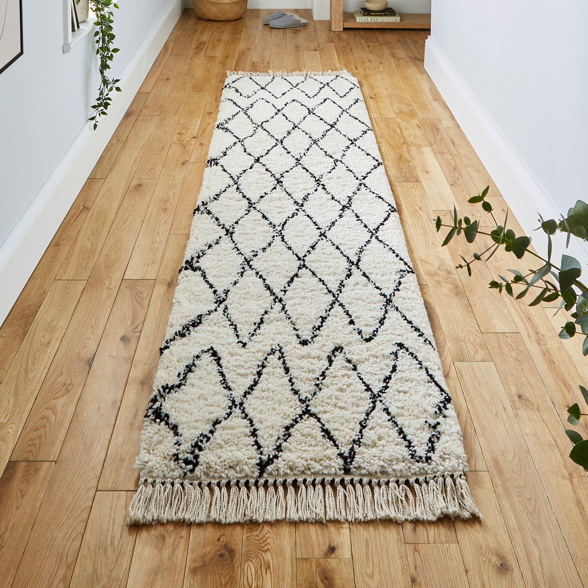 Edie Boho White Diamond Shaggy Runner Rug for hallway