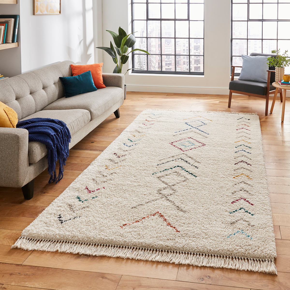 Edie Boho Multi Coloured Chevron Shaggy Rug for living room