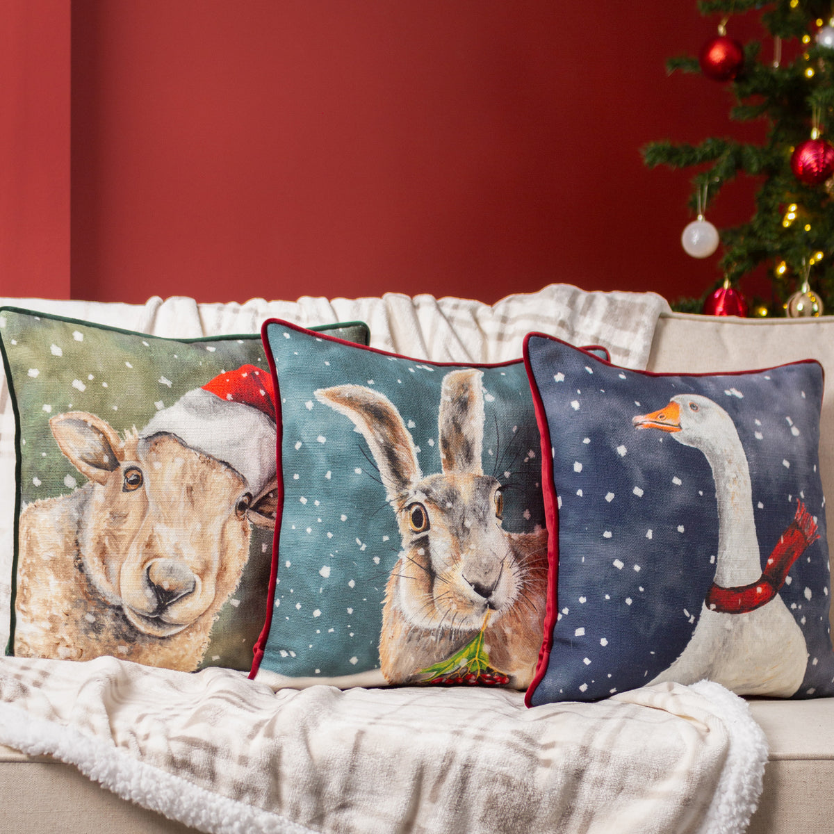 Christmas Sheep, Hare and Goose 43x43 Cushions by Roseland Furniture