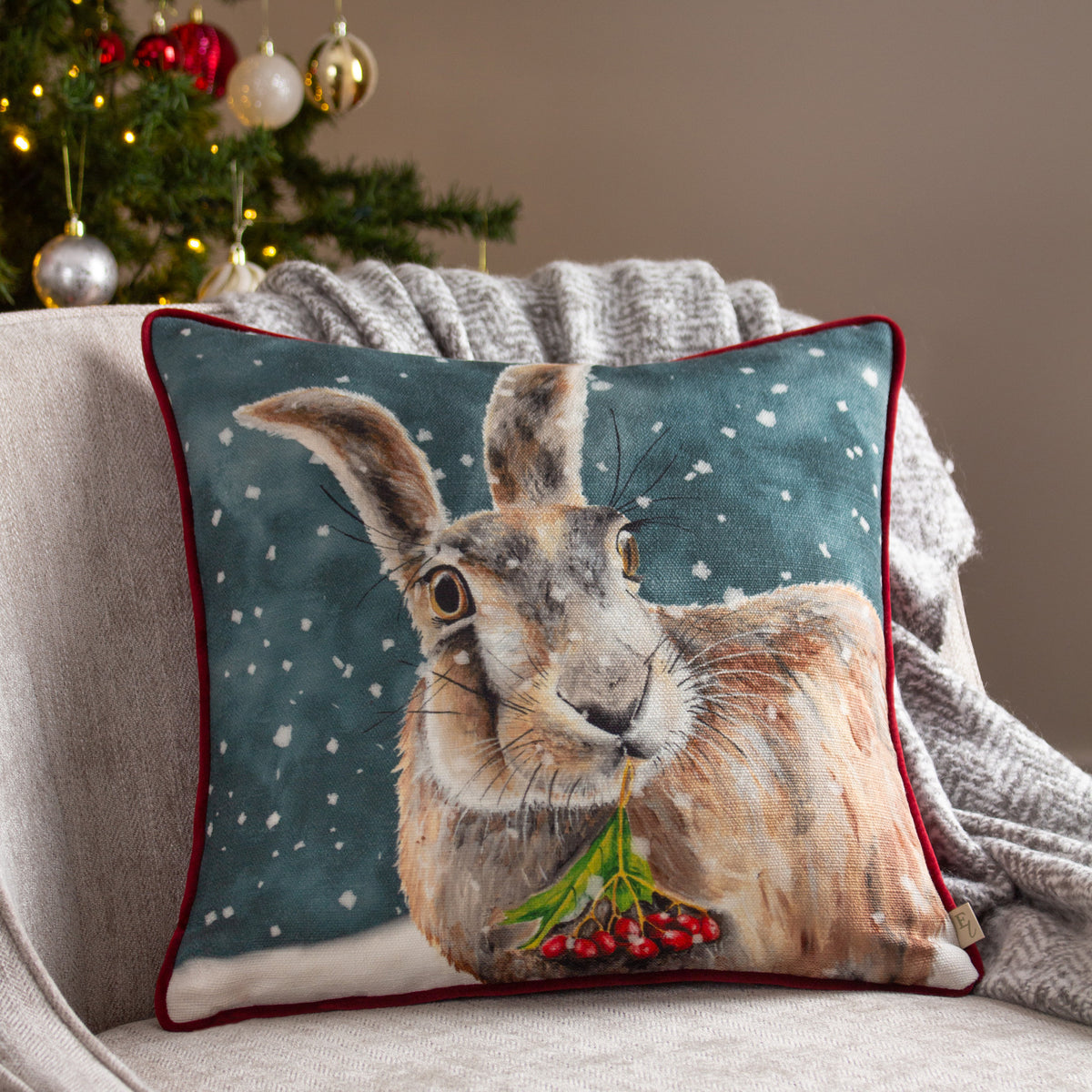 Christmas Hare 43x43 Cushion by Roseland Furniture