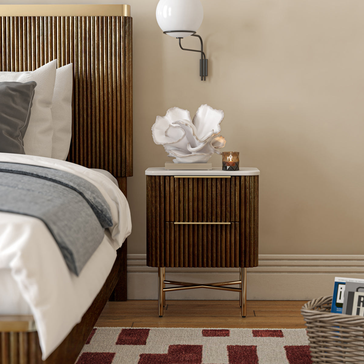 Milo Mango & Marble Walnut 2 Drawer Narrow Bedside for bedroom