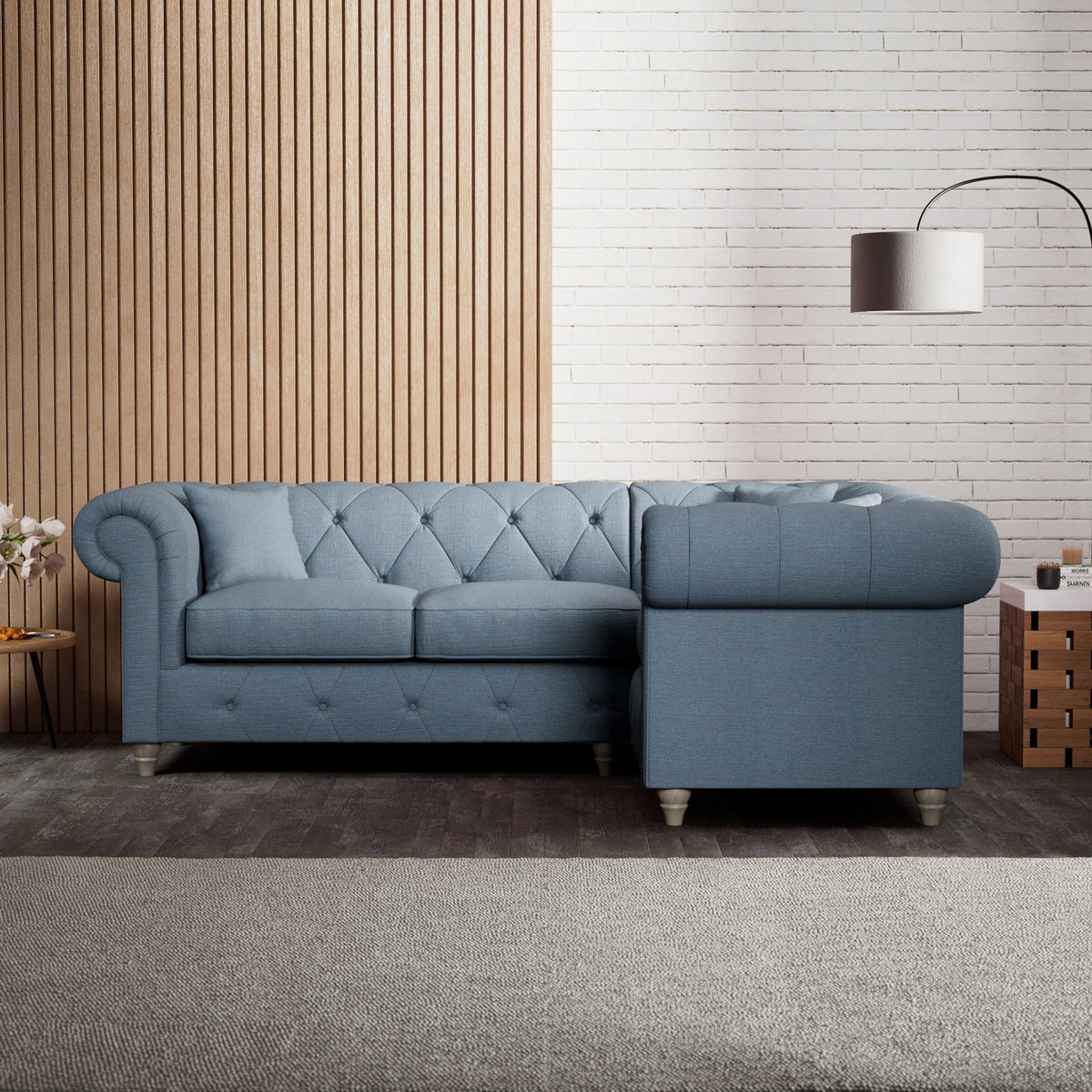 Everett Corner Sofa RH Deep Blue Washed Oak Feet from Roseland Furniture