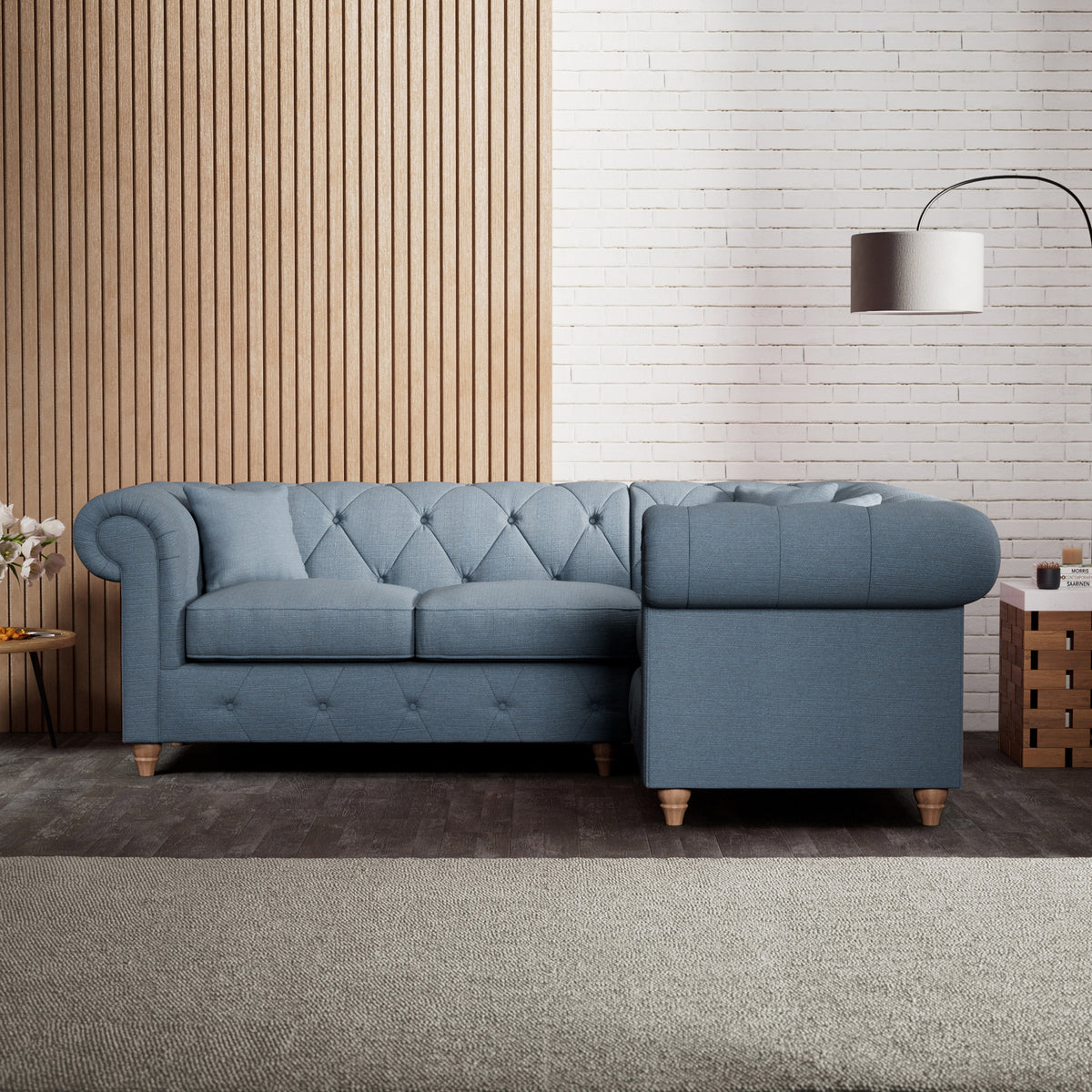 Everett Corner Sofa RH Deep Blue Walnut Feet from Roseland Furniture