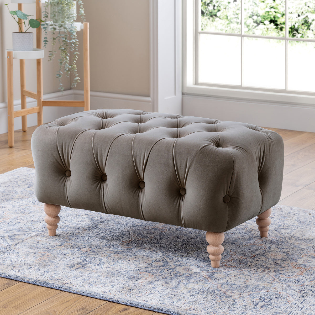 Balmoral Mushroom Velvet Buttoned Footstool for living room