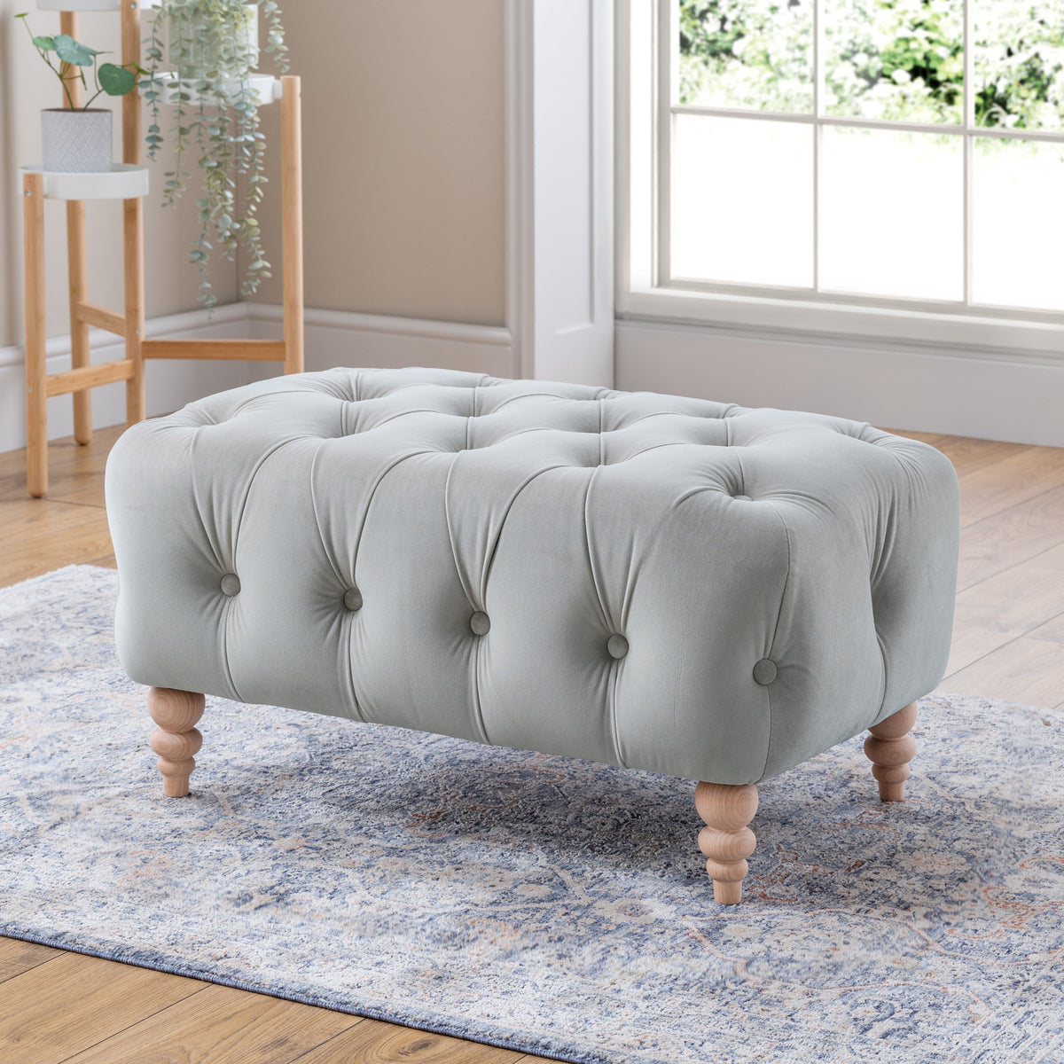 Balmoral Chalk Velvet Buttoned Footstool for living room