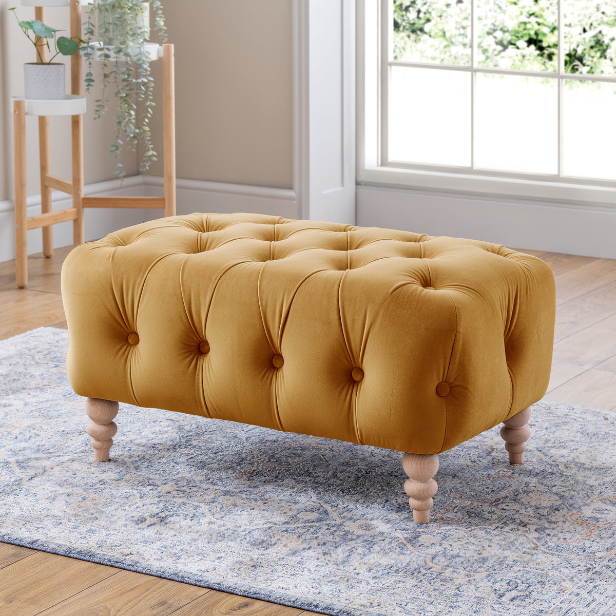 Balmoral Ochre Velvet Buttoned Footstool for living room