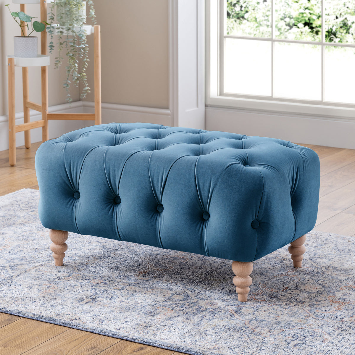 Balmoral Sky Blue Velvet Buttoned Footstool for living room