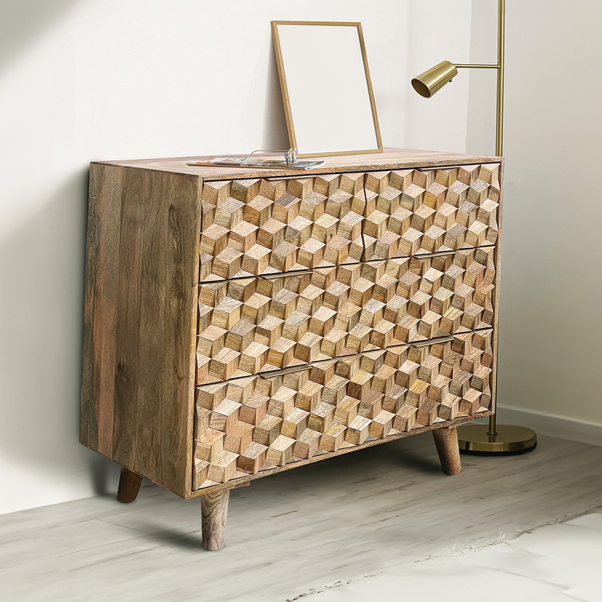 Enzo Geometric Mango Wood 4 Drawer Chest for Bedroom