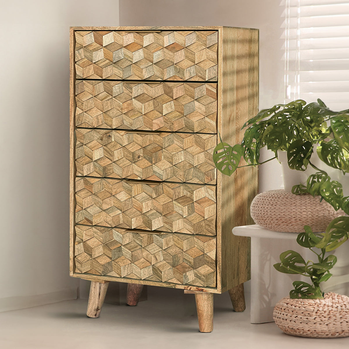 Enzo Geometric Mango Wood 5 Drawer Tallboy for Bedroom