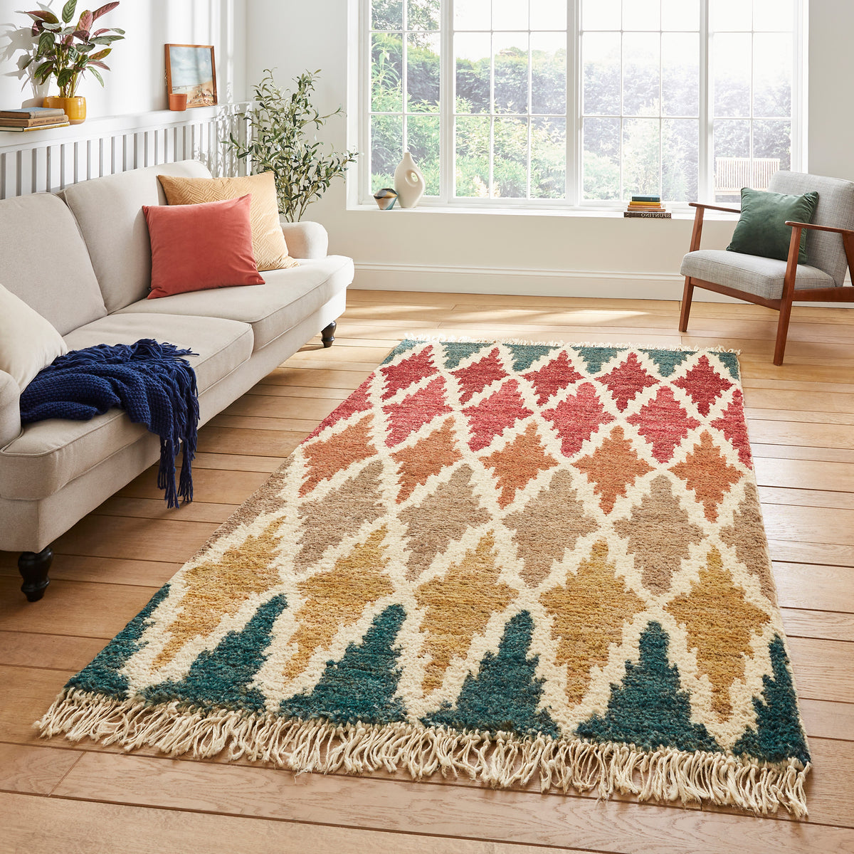 Franklin Natural Hemp Multi Coloured Diamond Rug for living room
