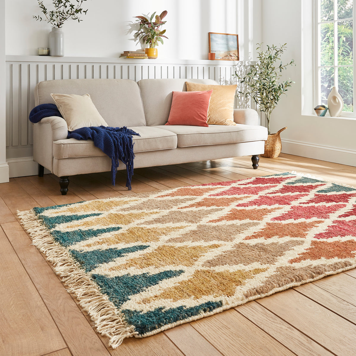 Franklin Natural Hemp Multi Coloured Diamond Rug for bedrom