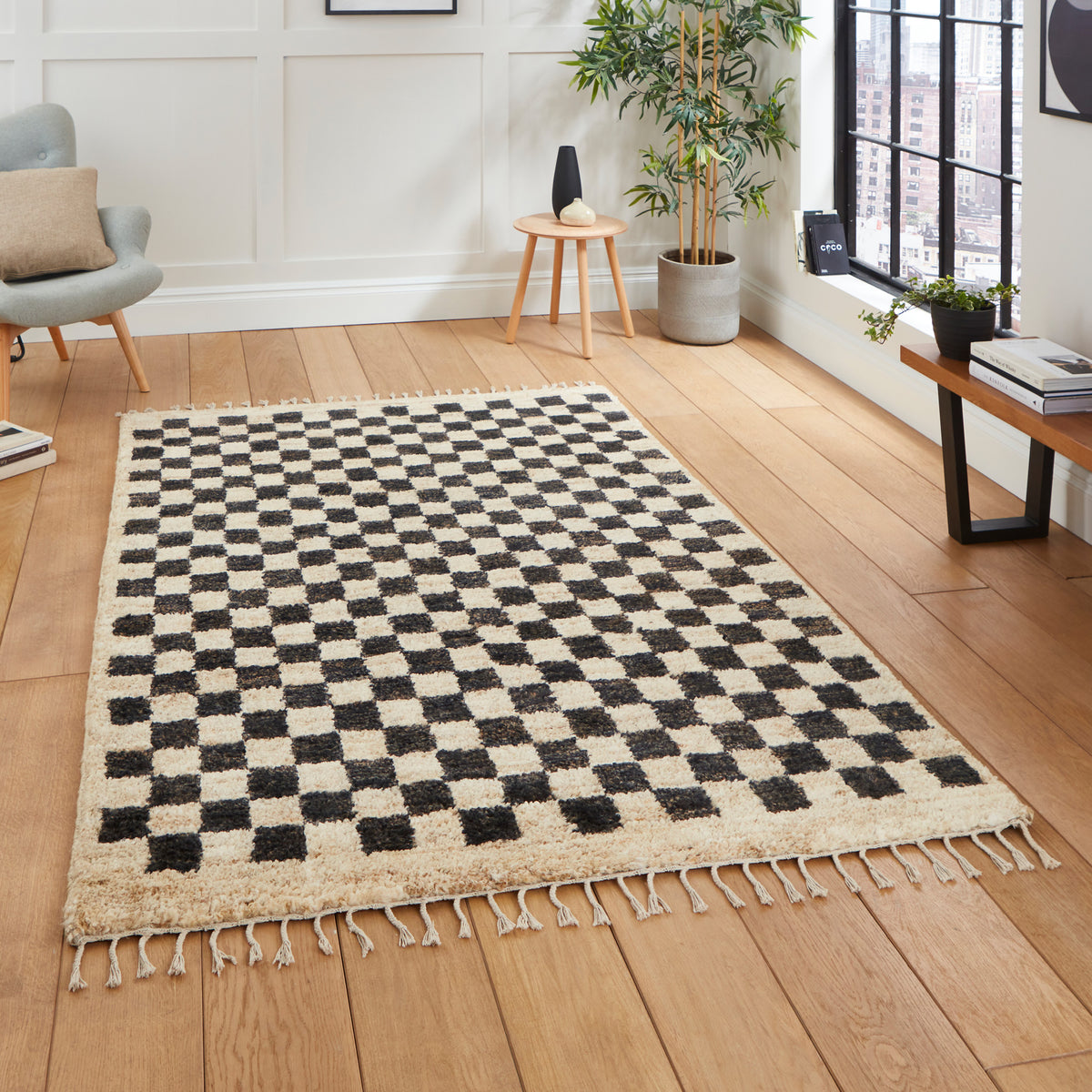 Franklin Natural Hemp Black/Ivory Chequered Rug for living room