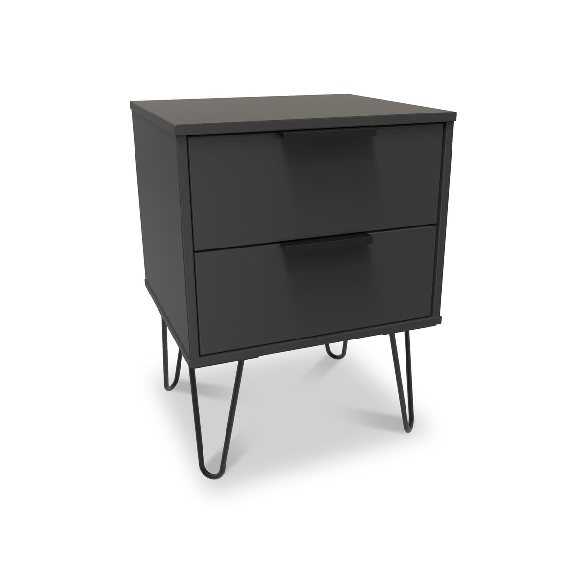 A modern black bedside table with two closed drawers, supported by thin metal legs, stands isolated on a white background.