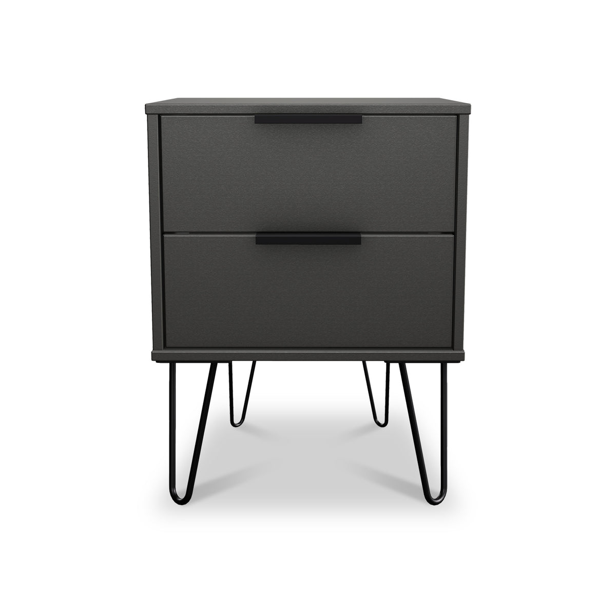 A black two-drawer nightstand stands against a white background. It features sleek handles and is supported by four slender, angled metal legs.