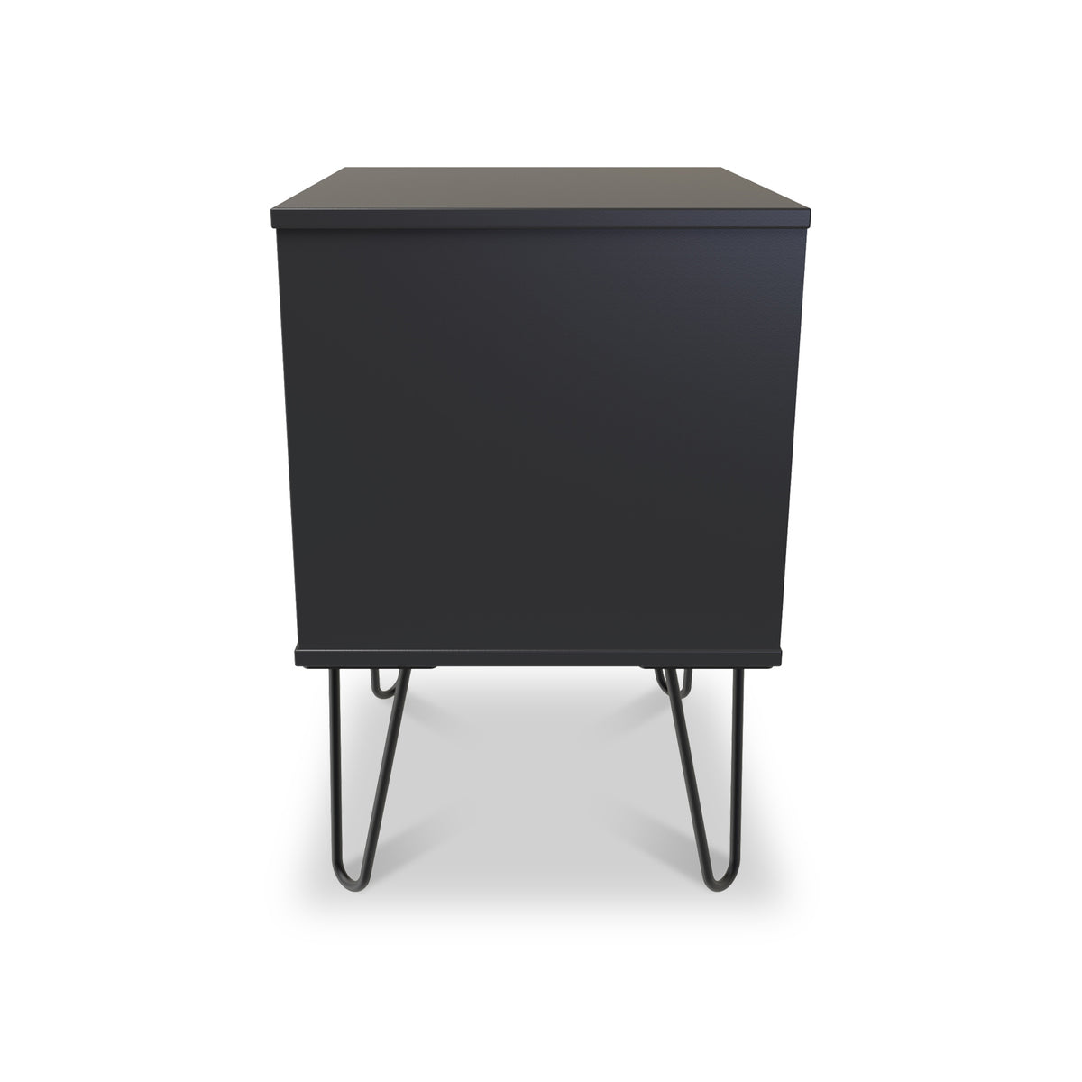 A black nightstand with a flat top and hairpin legs stands against a white background.