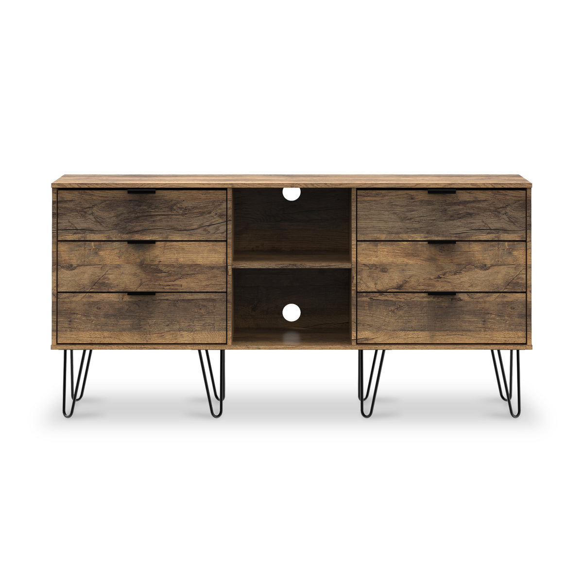 Moreno Rustic Oak with Black Hairpin Legs 6 Drawer Sideboard from Roseland Furniture