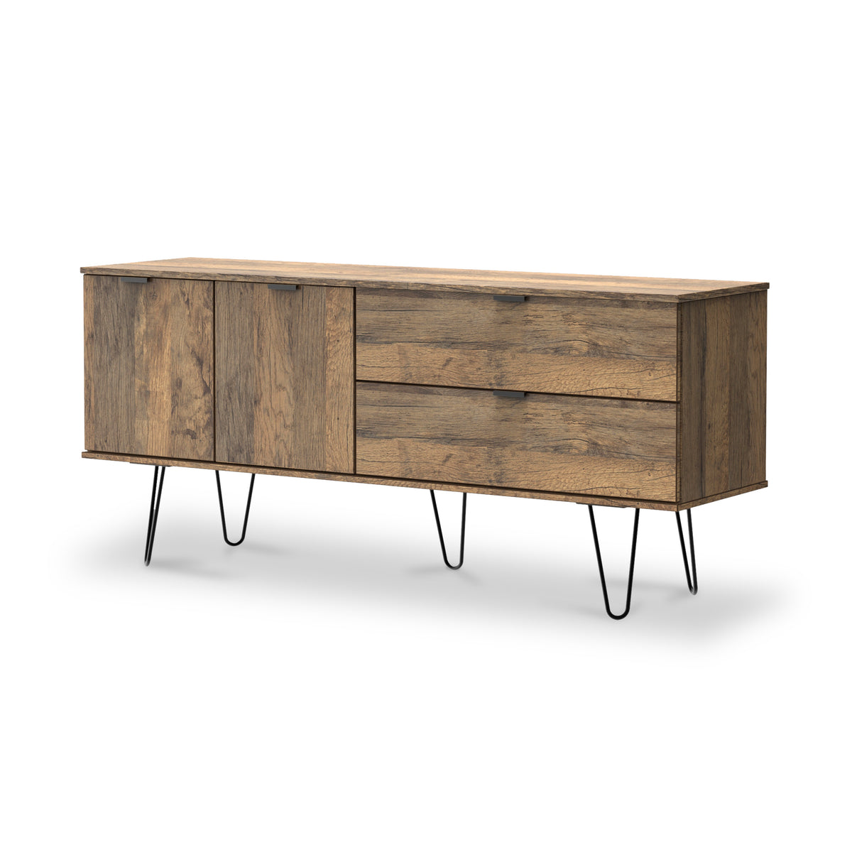Asher Rustic Oak with Black Hairpin Legs 2 Drawer 2 Door Wide Sideboard from Roseland Furniture