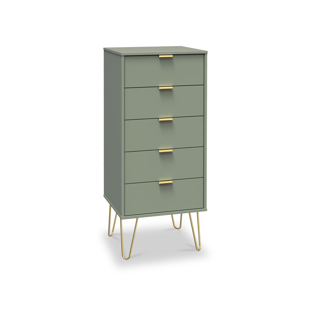 Moreno Olive Green 5 Drawer Tallboy Chest with Gold Hairpin Legs from Roseland Furniture