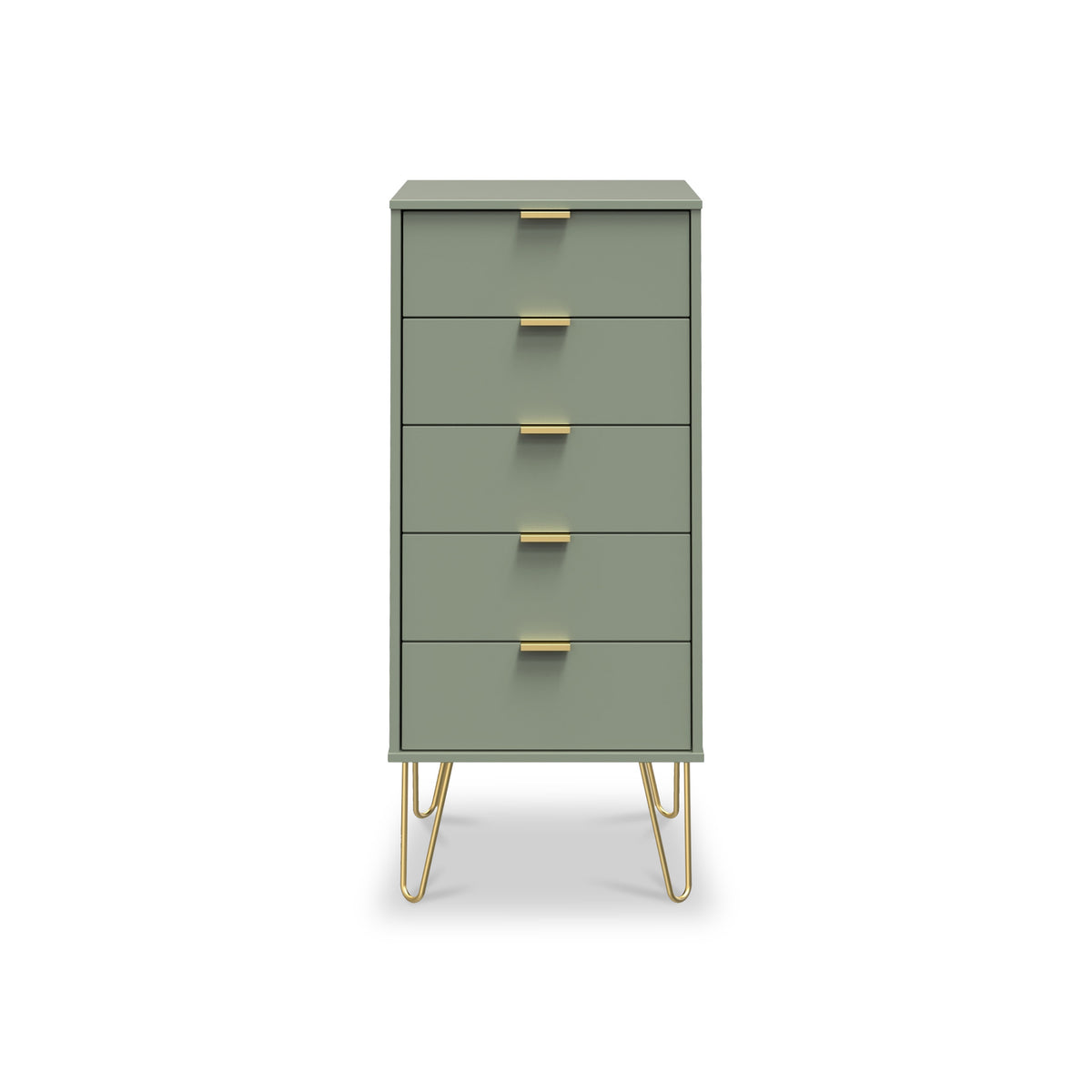 Moreno Olive Green 5 Drawer Tallboy Chest with Gold Hairpin Legs from Roseland Furniture