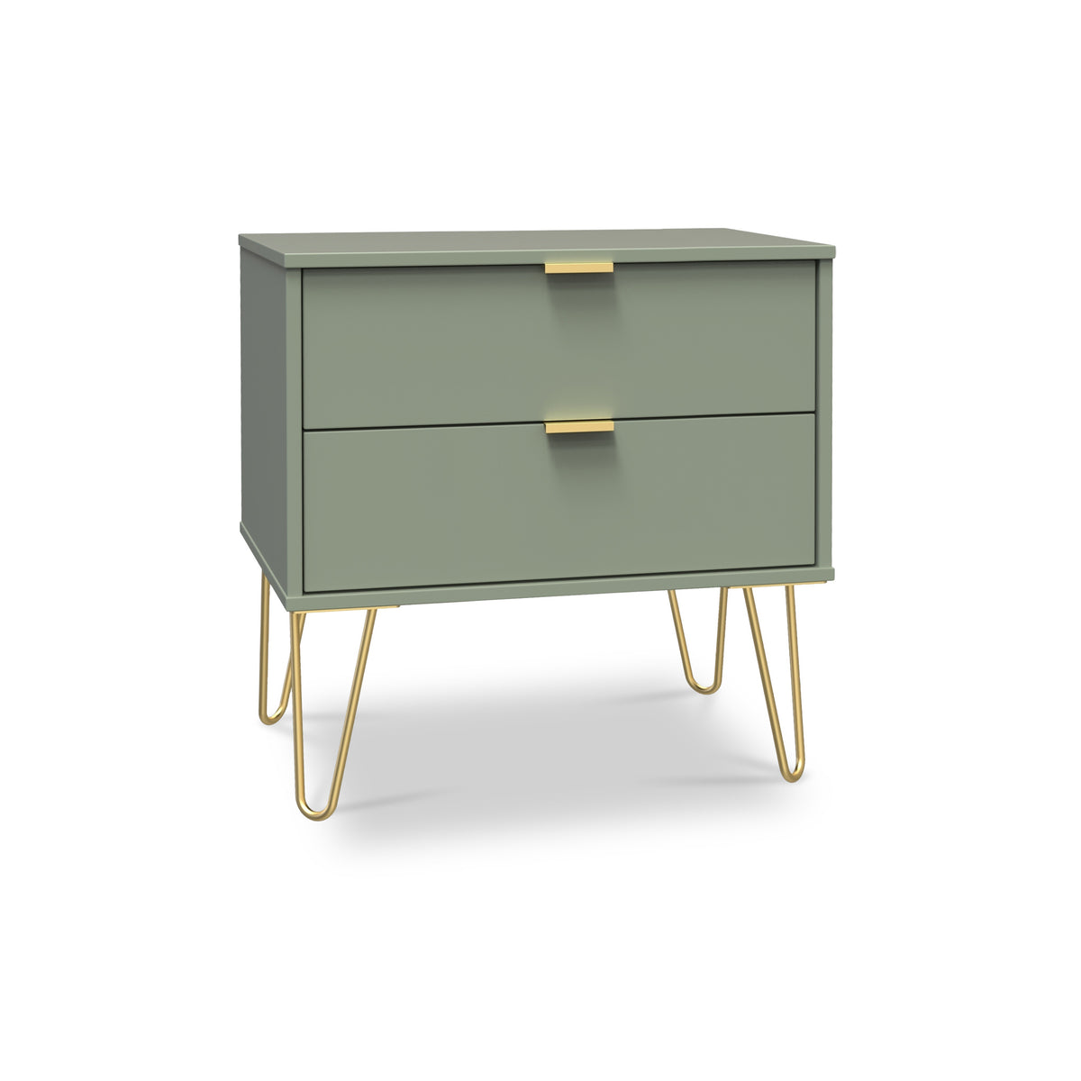 Moreno Olive Green 2 Drawer Sofa Side Lamp Table with Gold Hairpin Legs from Roseland Furniture