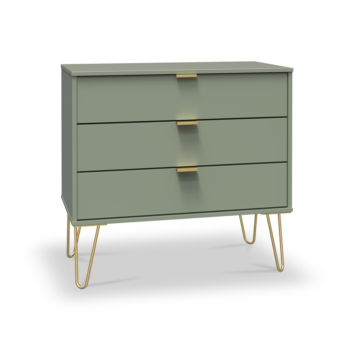 Moreno Olive Green 3 Drawer Chest with gold hairpin legs from Roseland furniture