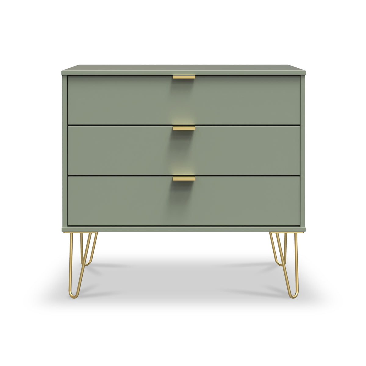 Moreno Olive Green 3 Drawer Chest with gold hairpin legs from Roseland furniture