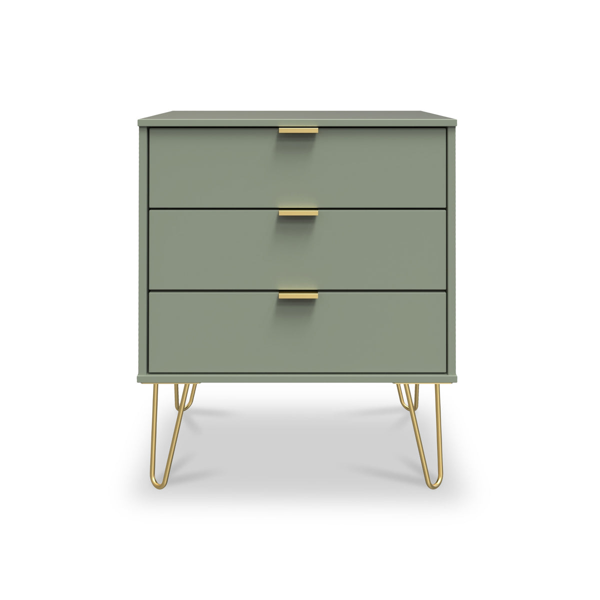 Moreno Olive Green 3 Drawer Midi Chest of Drawers Unit with gold hairpin legs from Roseland Furniture